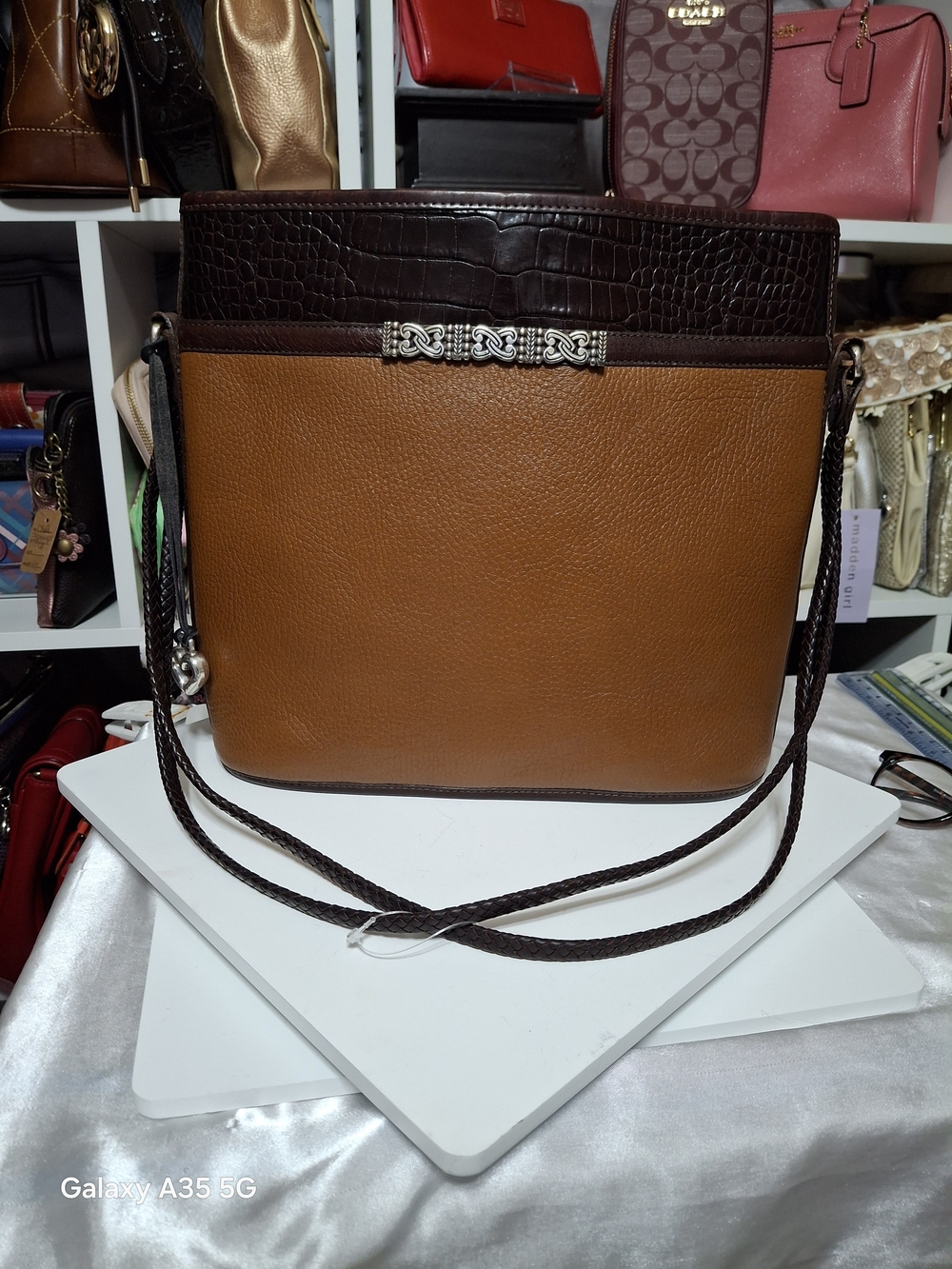 Beighton Vintage Leather Crossbody Tote Bag in Cognac and Dark Brown